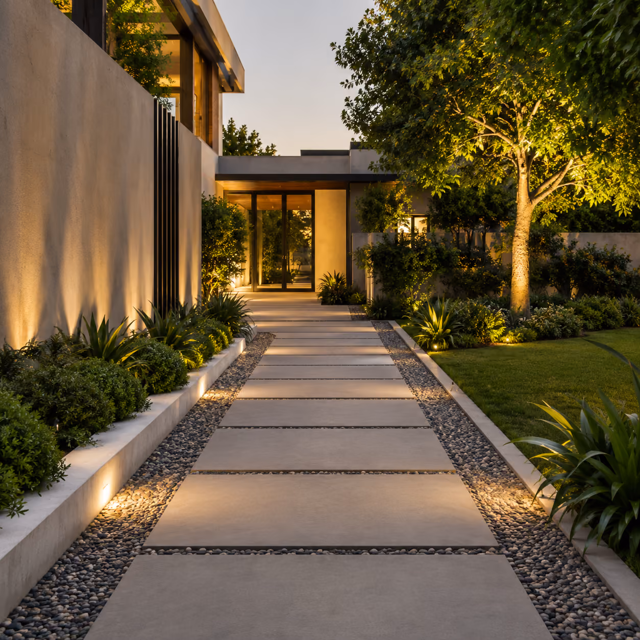 Modern walkway lit by ground lights with bushes and trees leading to a glass door entrance at dusk.