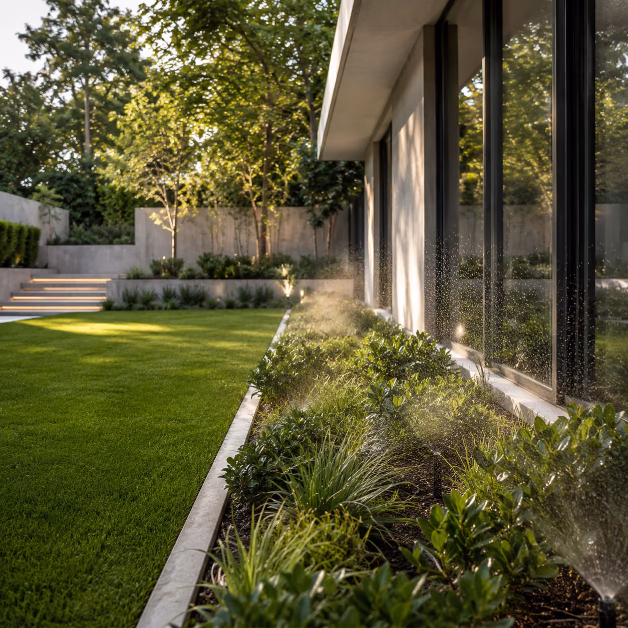 Garden with green plants by a modern house windows being watered by sprinklers in the late sun.