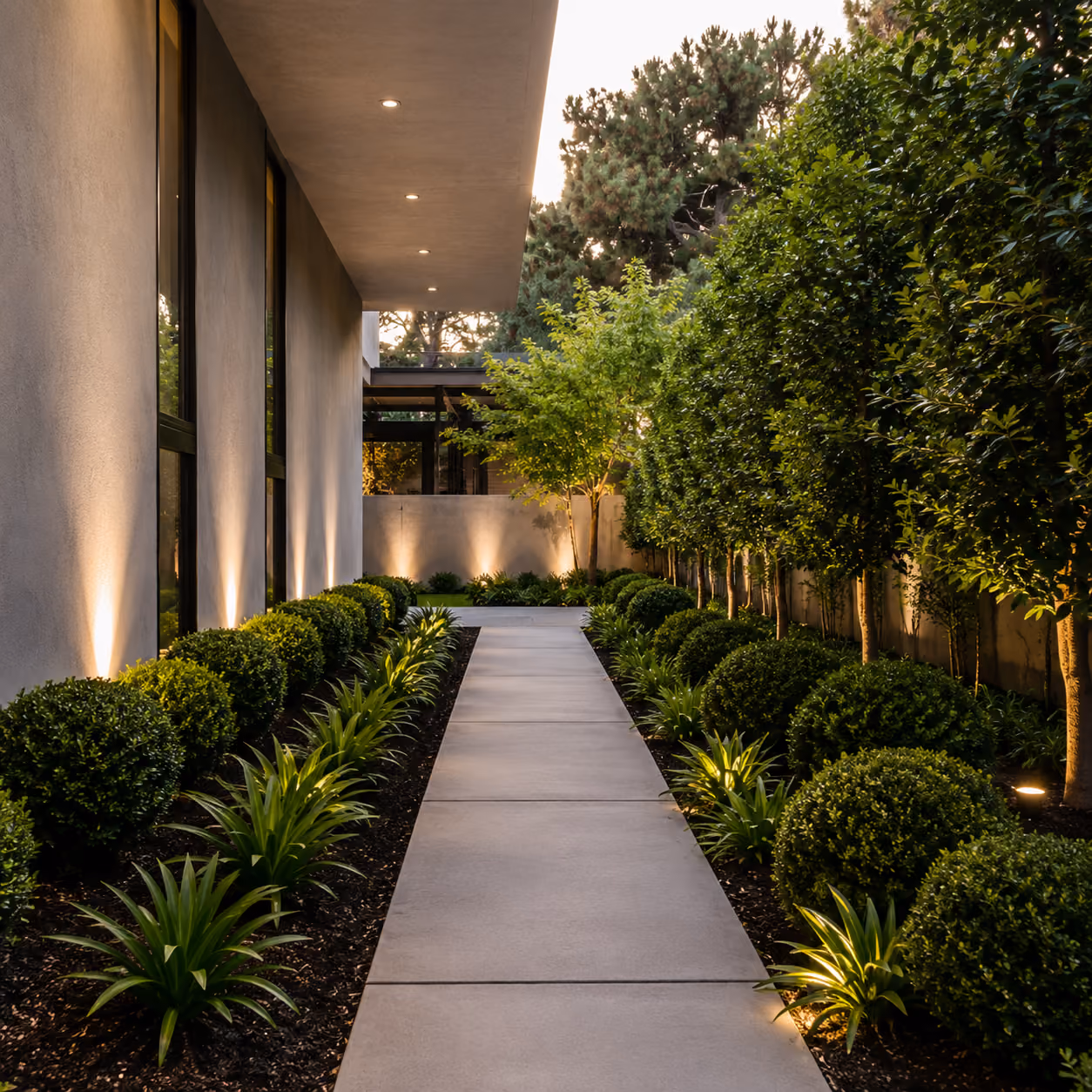 Concrete pathway lined with spherical bushes and tall trees beside a modern building at dusk.