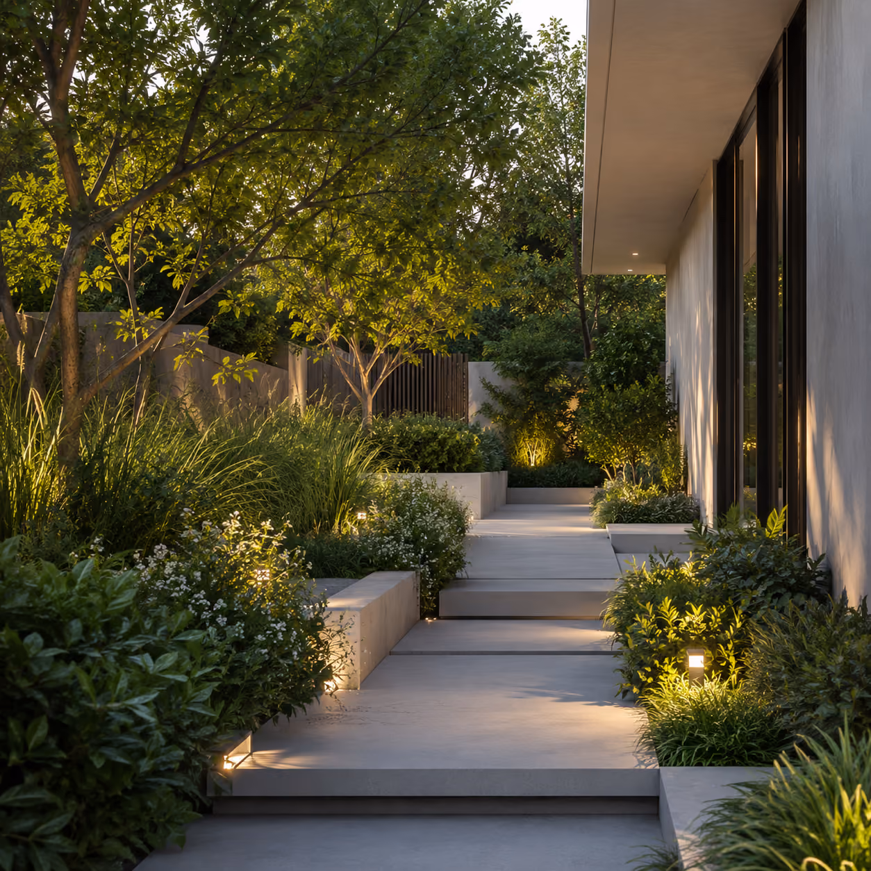Modern garden path with layered concrete steps, green plants, trees, and soft outdoor lighting.