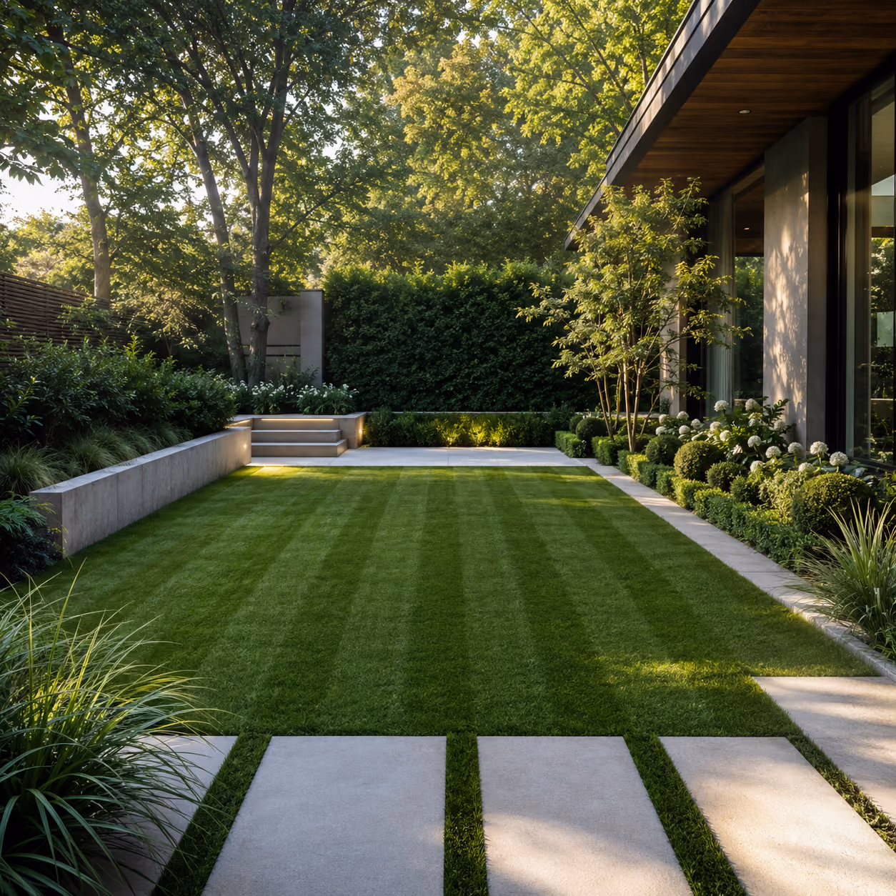 Modern backyard with striped green lawn, concrete path, trimmed shrubs, and trees near house.