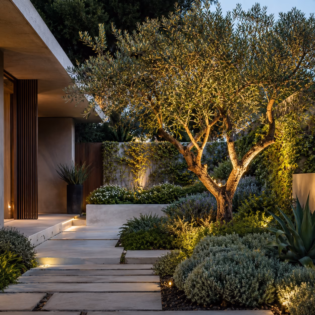 Modern garden at dusk with illuminated olive tree, trimmed shrubs, and concrete walkway by house entrance.