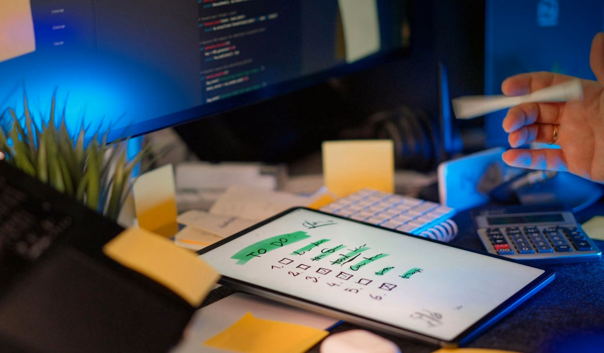 Nahaufnahme eines Schreibtisches mit einem Tablet, das eine handgeschriebene To-Do-Liste mit sechs Punkten zeigt, von denen viele abgehakt oder durchgestrichen sind; im Hintergrund Computerbildschirm mit Code, Taschenrechner, Klebezettel, Tastatur und eine Hand mit Stift.