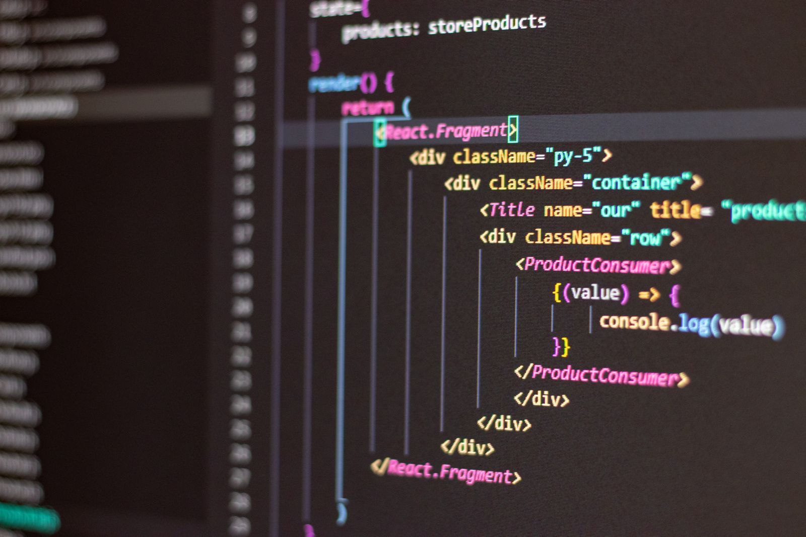 Close-up of application code on a dark editor screen