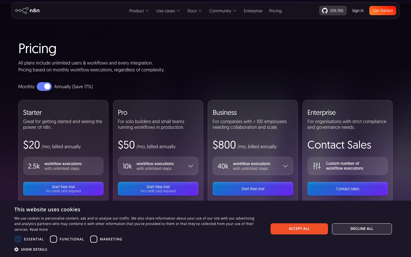 n8n pricing page showing Starter, Pro, Business and Enterprise plans