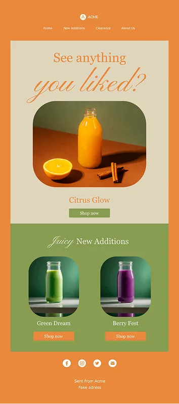 Website section showing citrus and juice drink bottles named Citrus Glow, Green Dream, and Berry Fest with shop buttons.