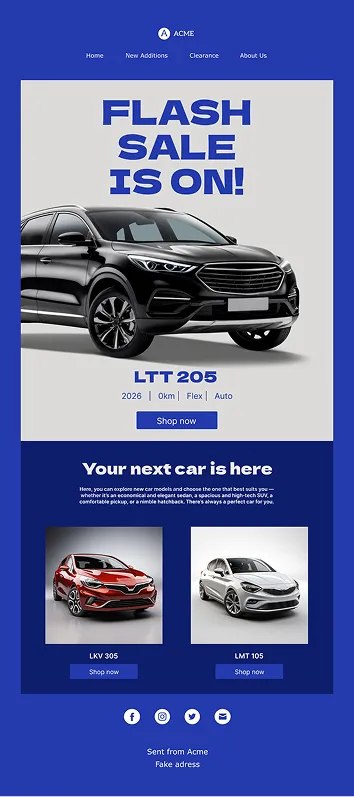 Website section showing a flash sale for a black LTT 205 car and options for LKV 305 and LMT 105 models.