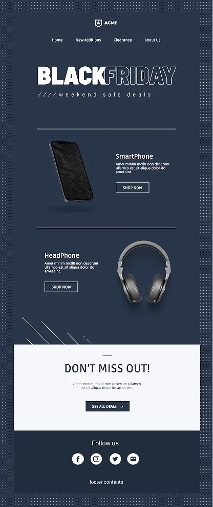 Black Friday sale banner with smartphone and headphones featured, plus shop now buttons and social icons.