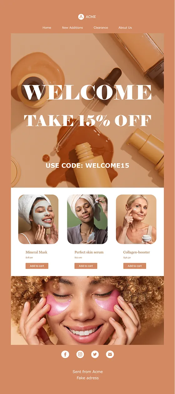 Welcome 15% off skincare products with code WELCOME15, including mask, serum, and collagen booster images.