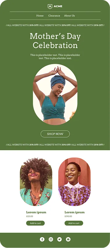 Mother's Day sale page with images of happy women and buttons to shop or add products to cart.