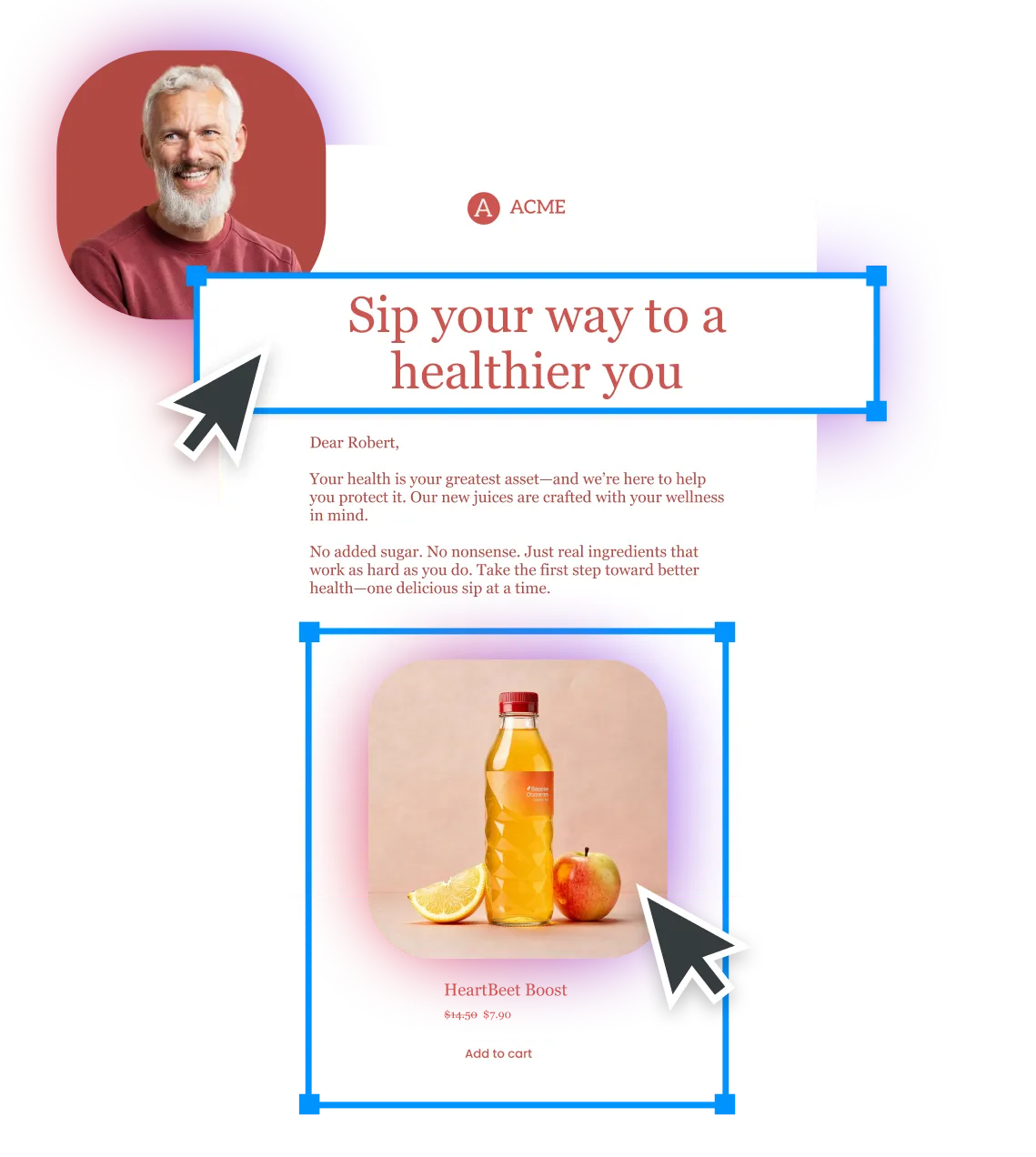 Woman smiling, highlighted text reads 'Sip your way to a healthier you' above a juice bottle with apple and lemon.