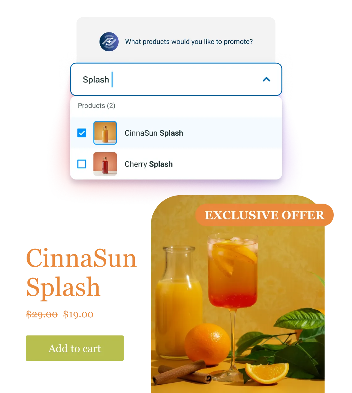Selection menu shows CinnaSun Splash selected; below is a promo with orange drink, cinnamon, and citrus fruit.