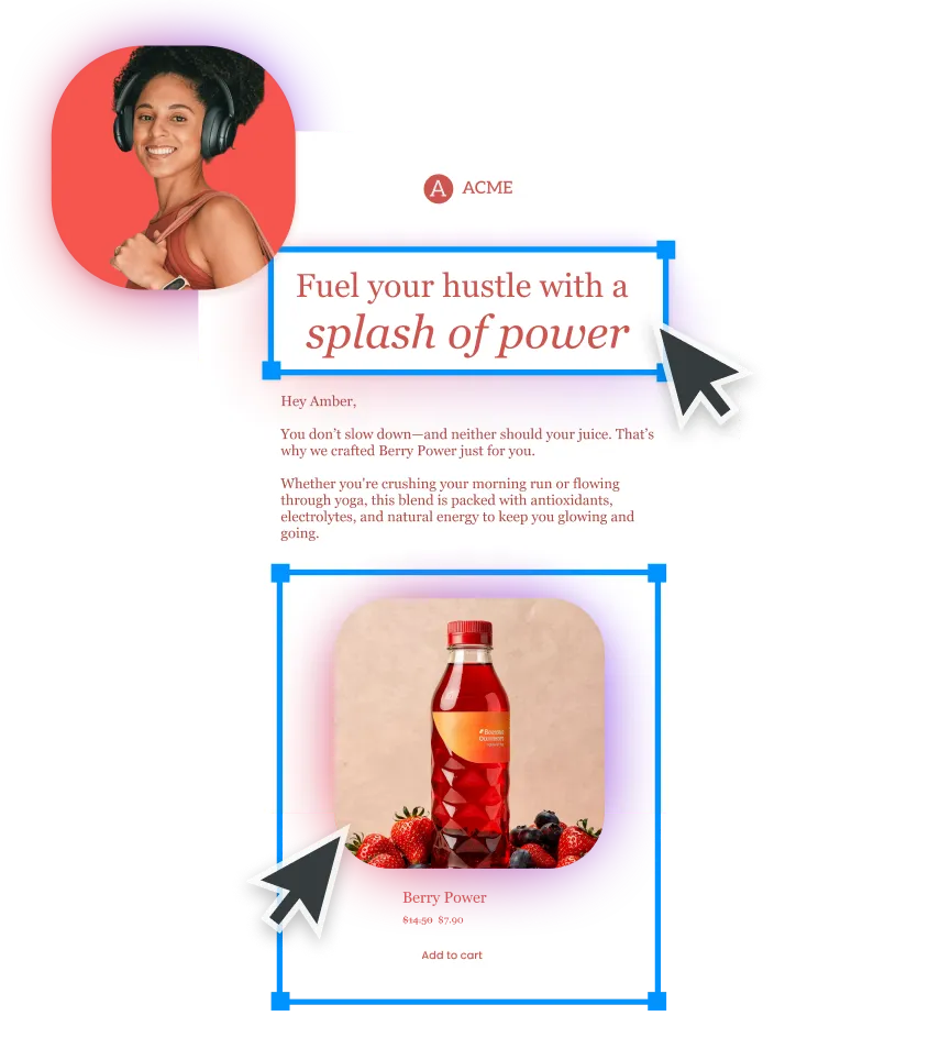 Ad showing a woman with headphones and a bottle of red Berry Power juice surrounded by berries.