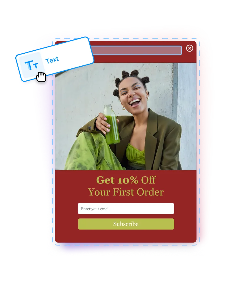 Smiling woman holding green juice bottle with text offering 10% off first order and email subscription form.