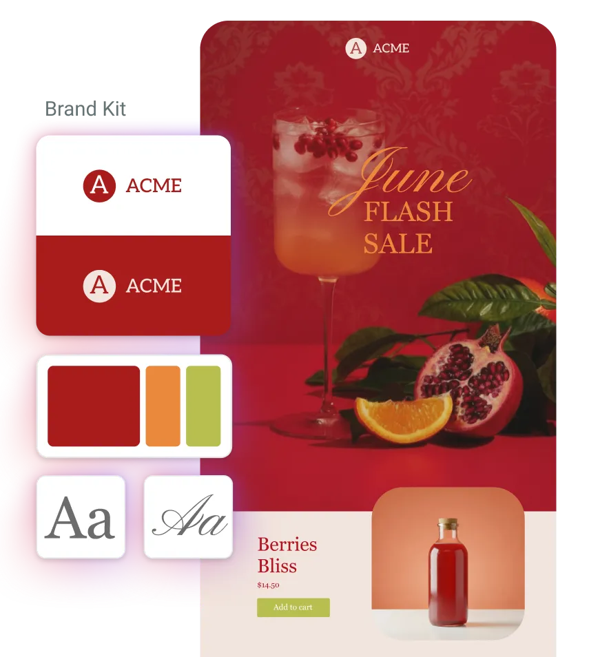 June Flash Sale with a cocktail, pomegranate, orange slice, and a bottle labeled Berries Bliss for $14.50.