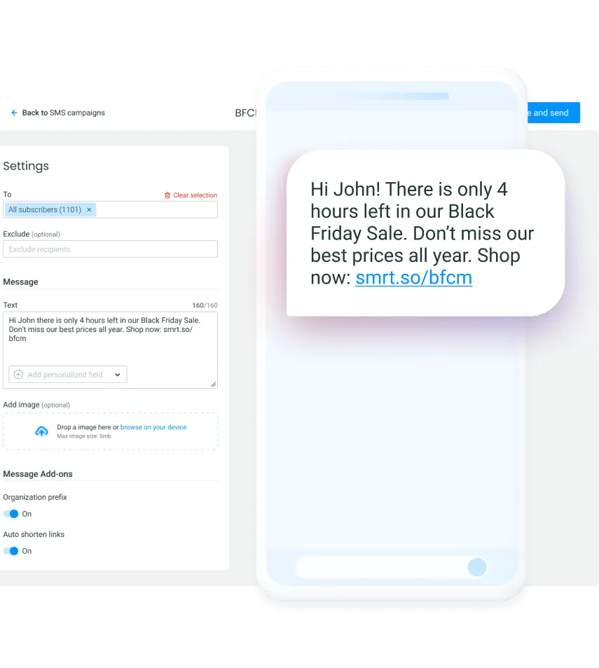 SMS campaign interface showing Black Friday sale message with countdown and shopping link preview on phone.
