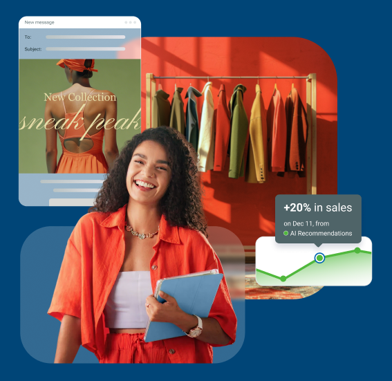 Store owner holding a tablet beside an email campaign preview and a chart showing 20% more sales