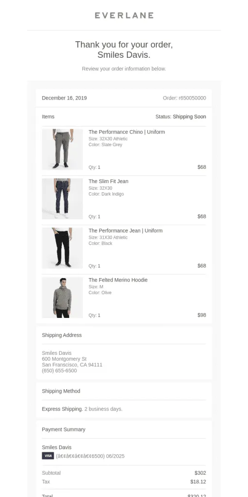 thank you email example everlane
