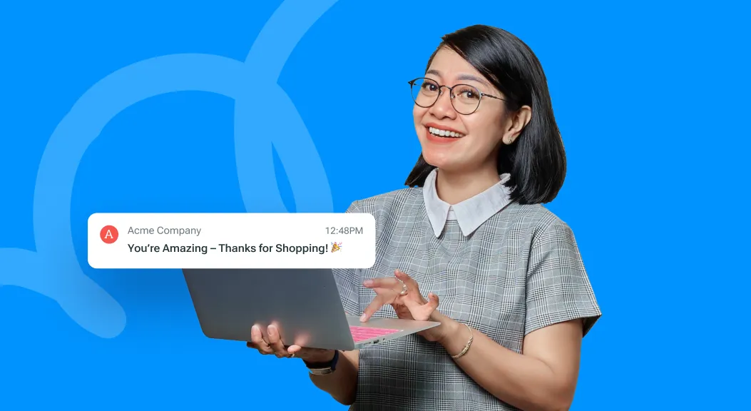 Smiling woman holding a laptop beside a thank-you email notification.