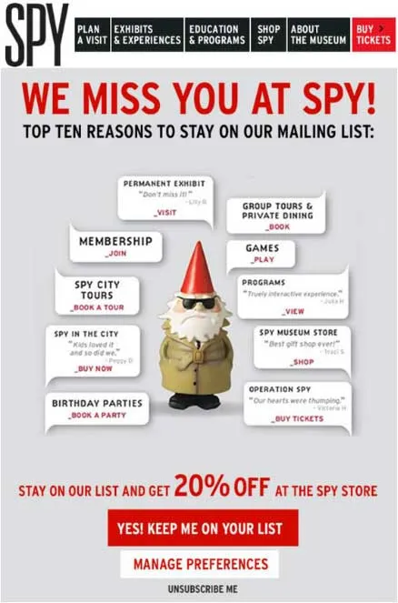 spy win-back email campaign 10 reasons list tours holidays gnome 20% offer code discount manage preferences unsubscribe