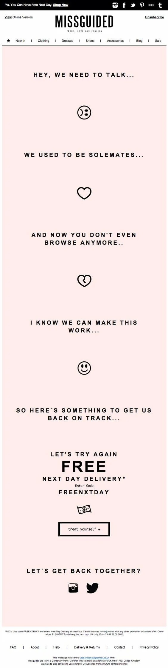missguided fashion email win-back free day after shipping offer