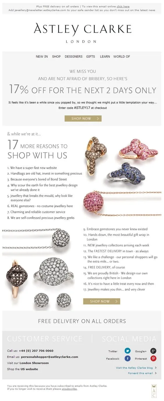 astley Clarke jewellery jewelry 17 reasons email list discount offer win-back