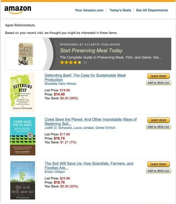 amazon email marketing related items book purchase history recommended products