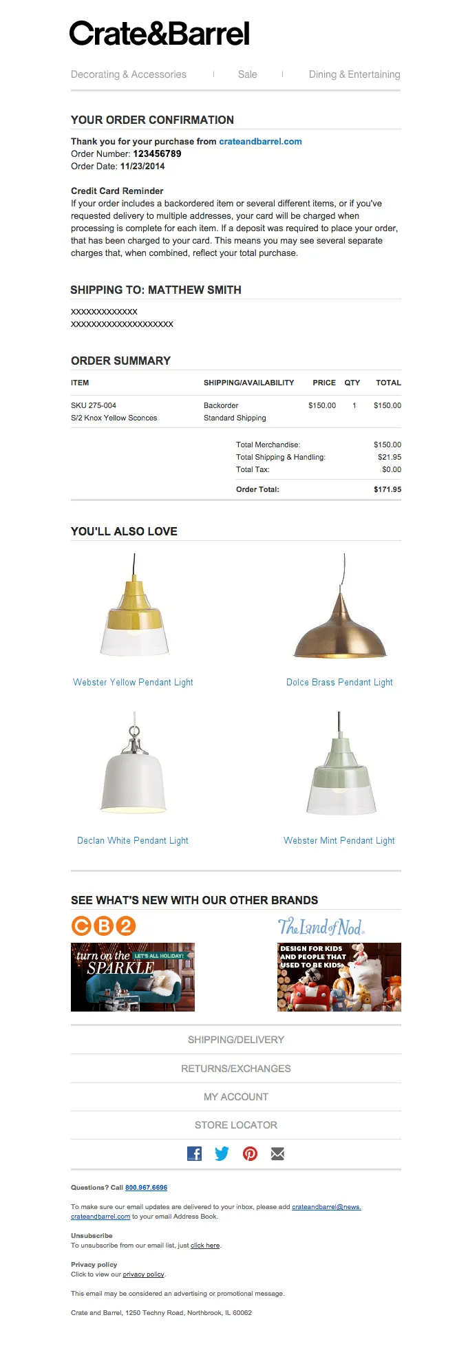 Crate & Barrel e-commerce confirmation email