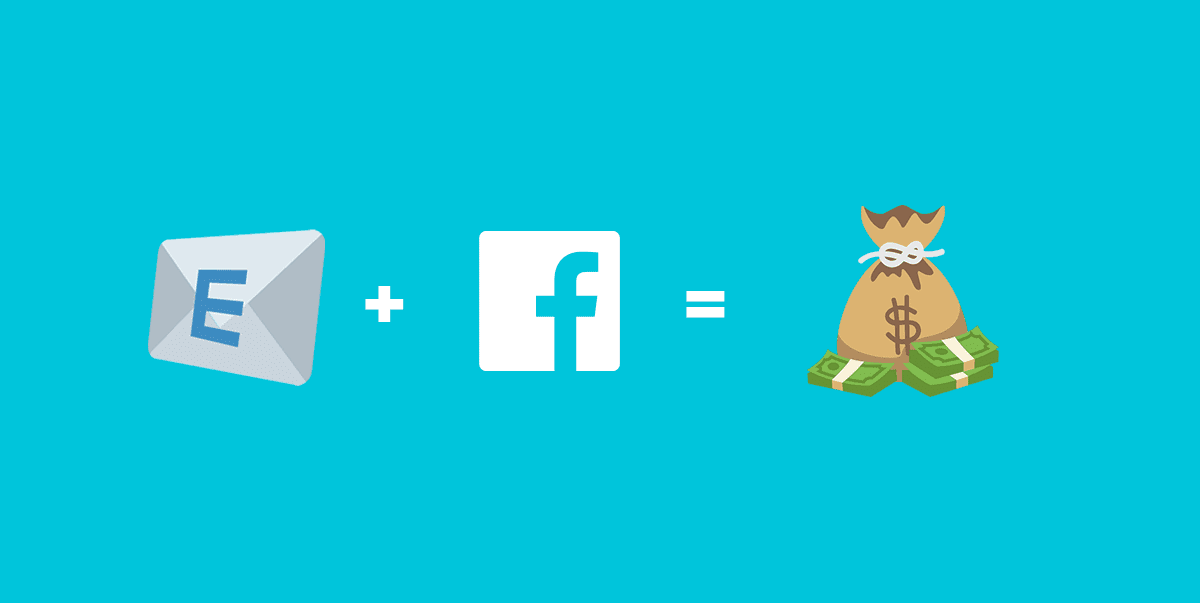 Illustration of an email icon plus the Facebook logo equals a money bag.