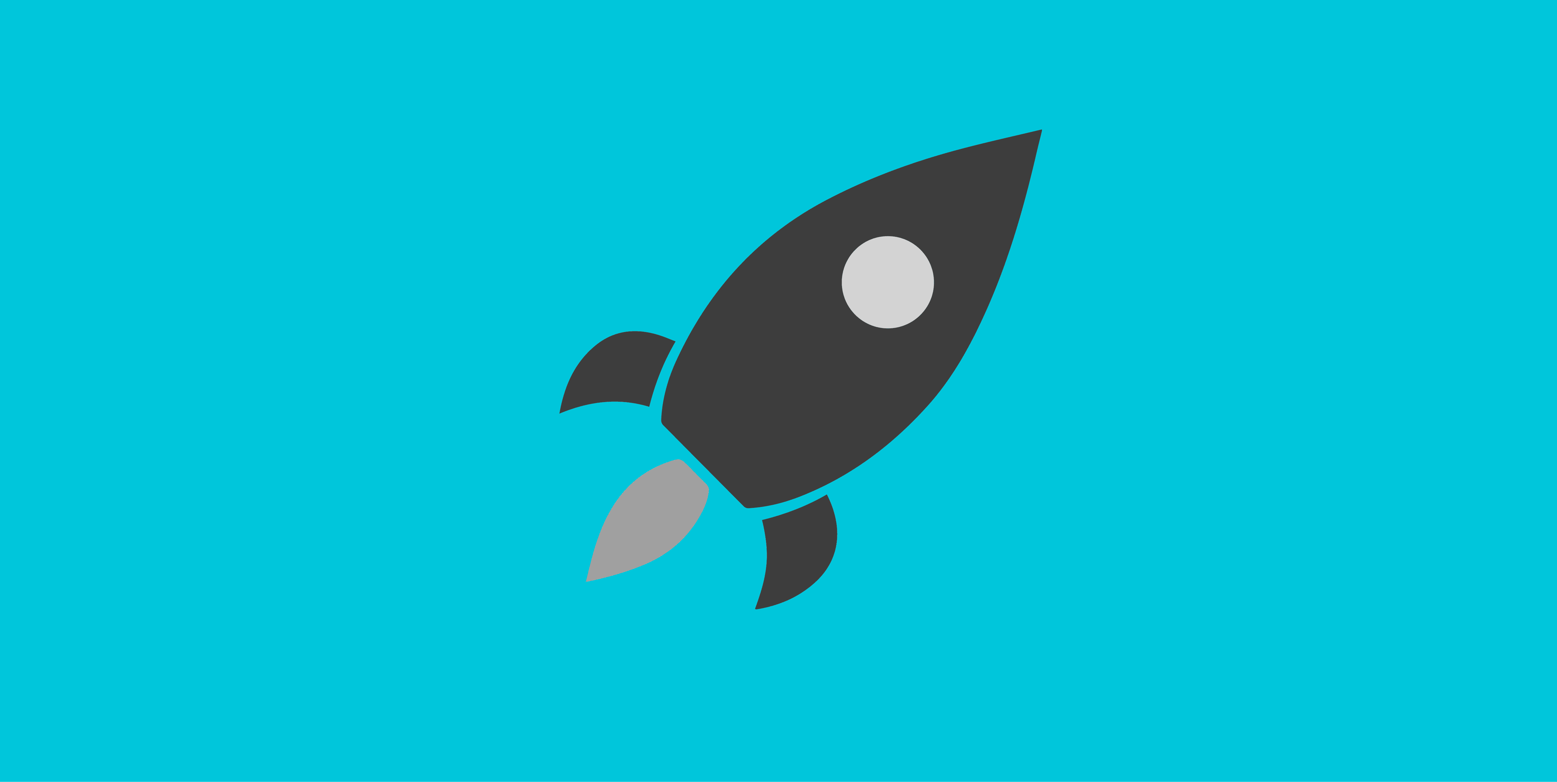 Illustration of a dark grey rocket launching against a turquoise background.
