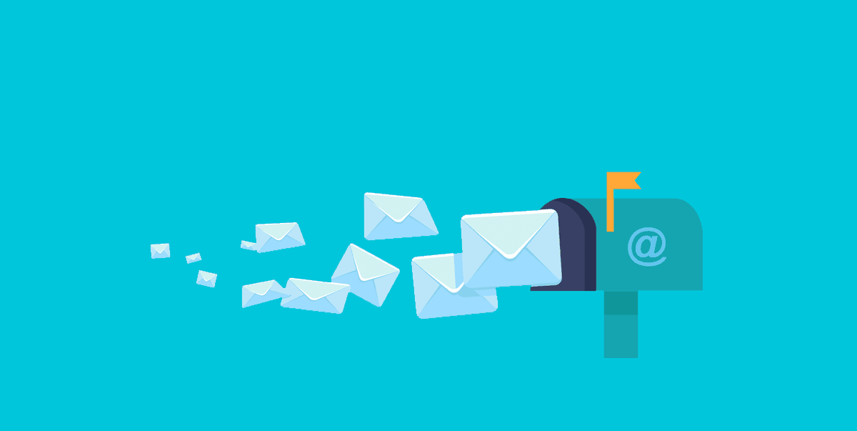 Illustration of envelopes flying out of a mailbox marked with an at symbol.