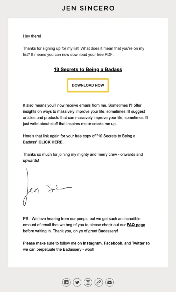 jen sincero welcome email example