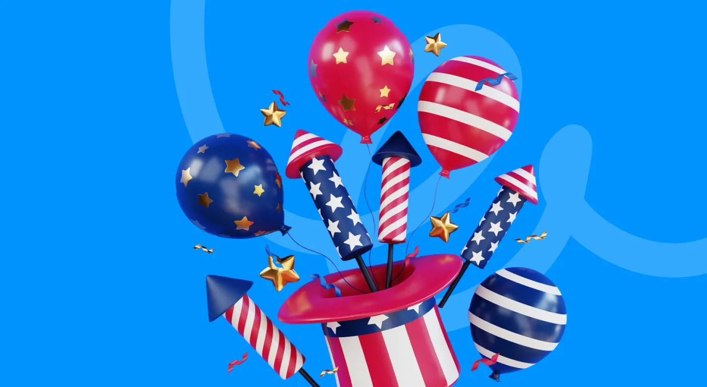 Stars and stripes top hat with fireworks and patriotic balloons bursting out of it.