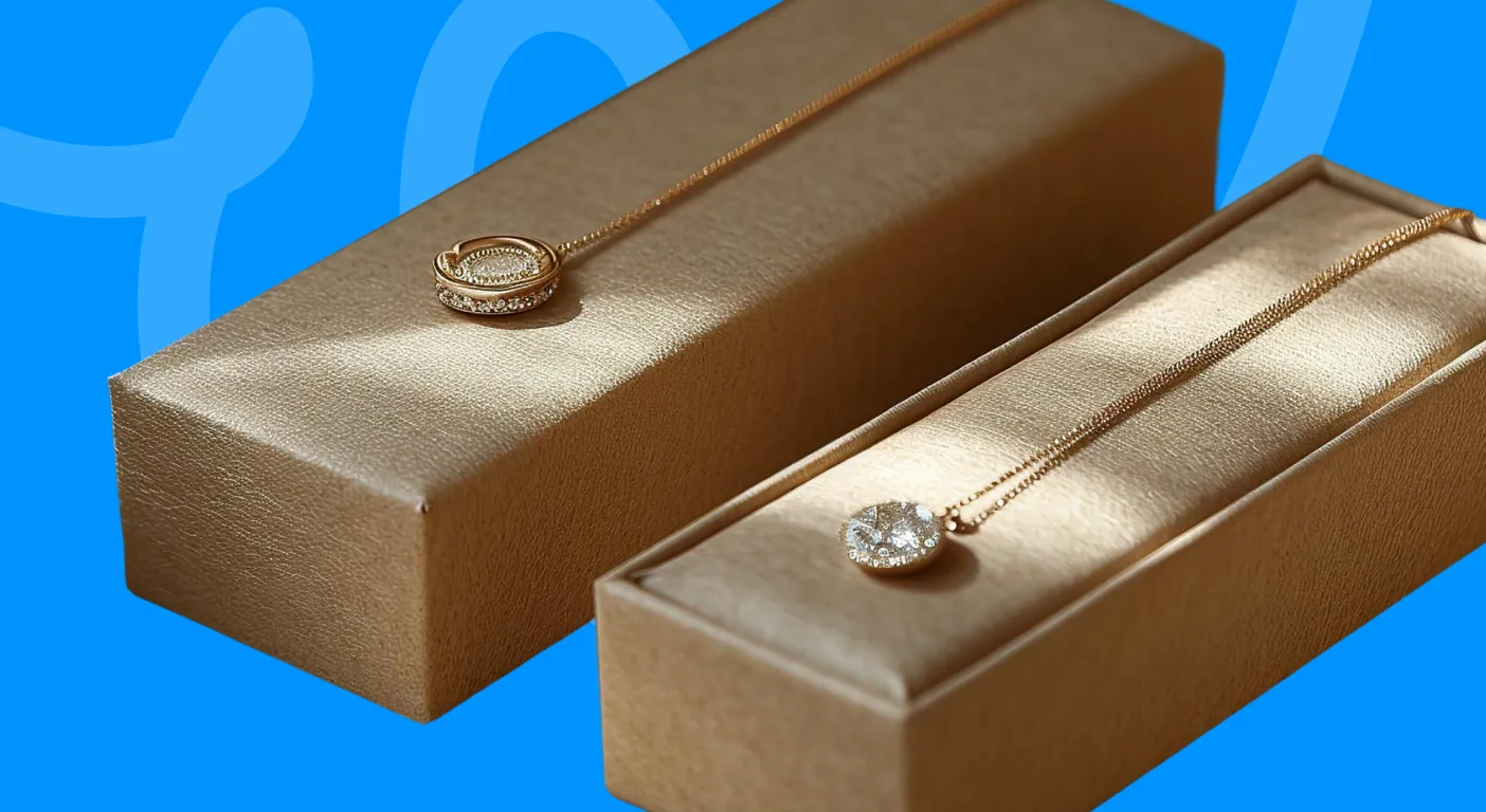 Two gold gift boxes displaying delicate pendant necklaces.