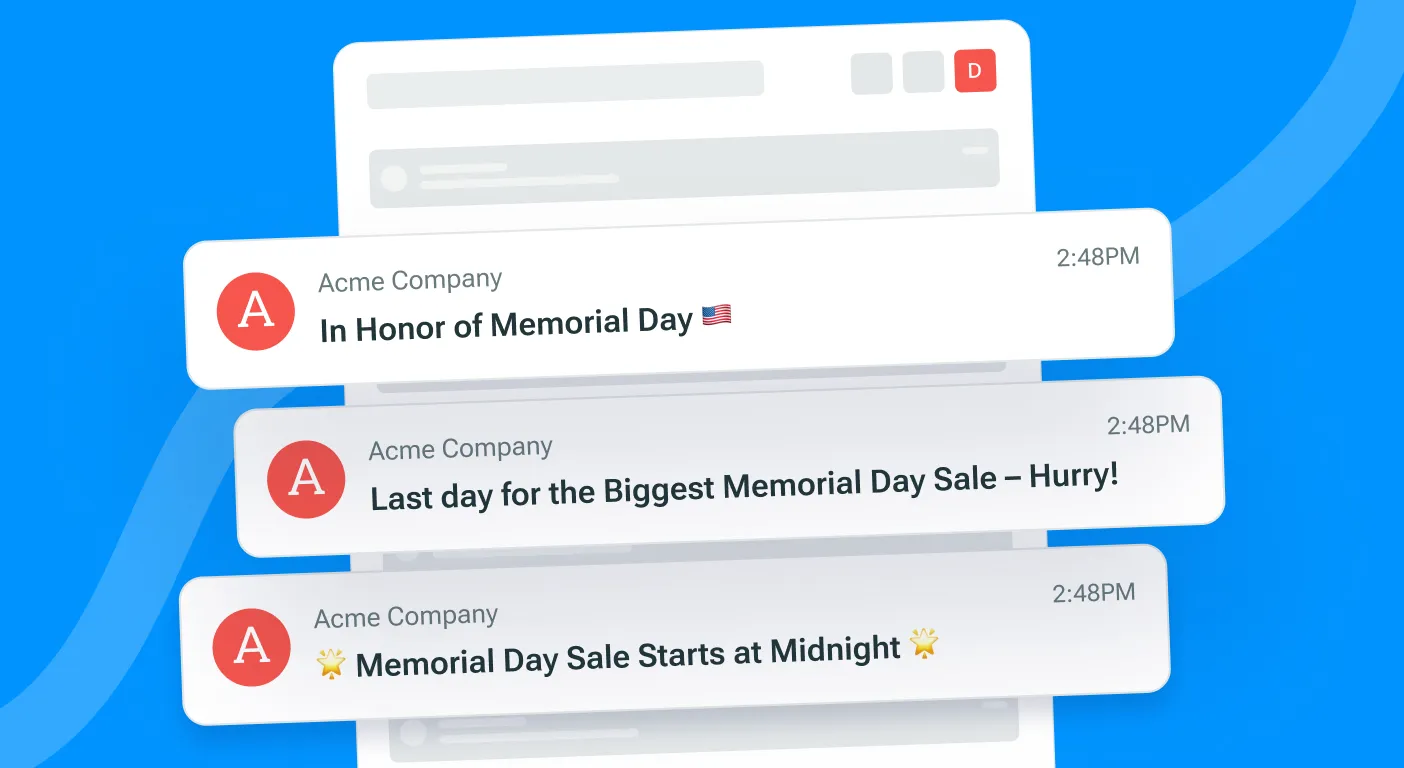 Email inbox showing three Memorial Day sale subject line notifications.