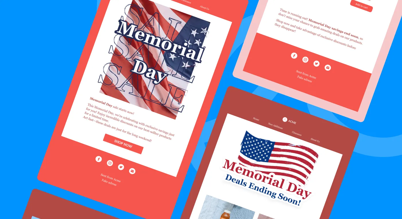 Set of Memorial Day sale email designs featuring the American flag.