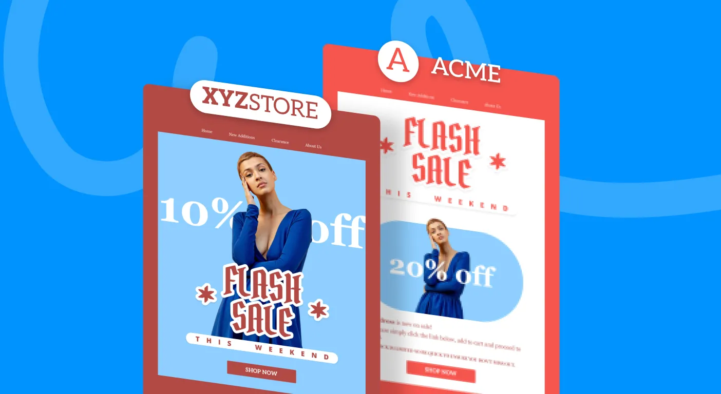 Two flash sale email designs from different storefronts shown side by side.