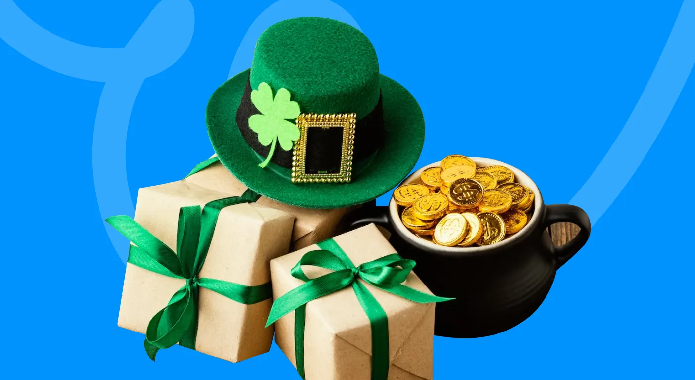 Green leprechaun hat and a pot of gold coins beside ribboned gift boxes.
