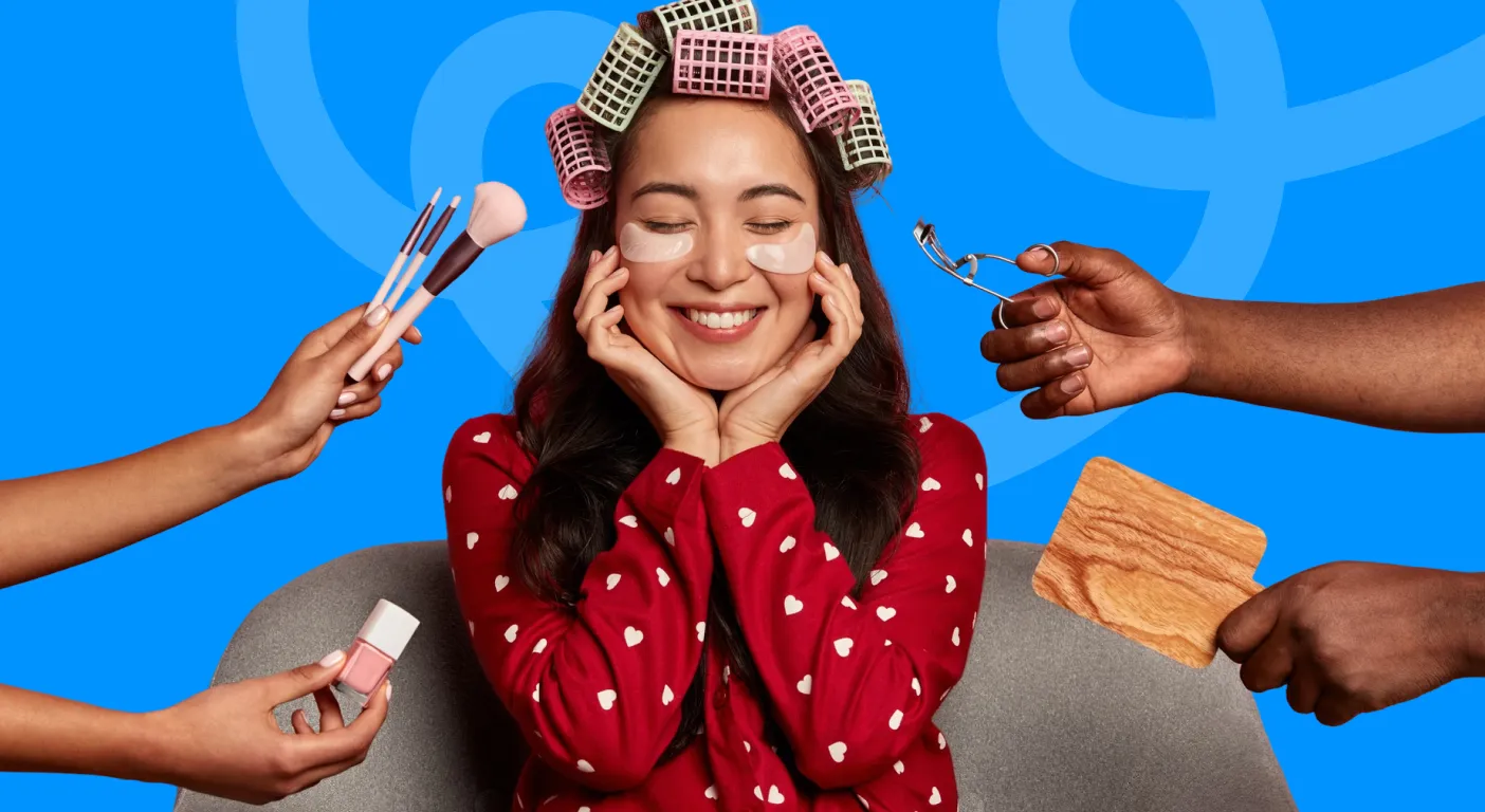 Woman in hair rollers surrounded by hands offering make-up brushes and beauty products.