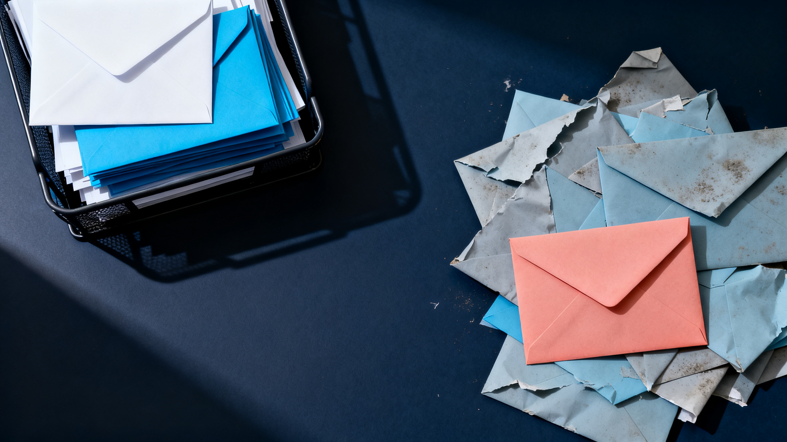 Two piles of envelopes on a dark navy desk: a neat white and blue stack in a mesh tray, and a scattered pile of creased, stained envelopes beside it.