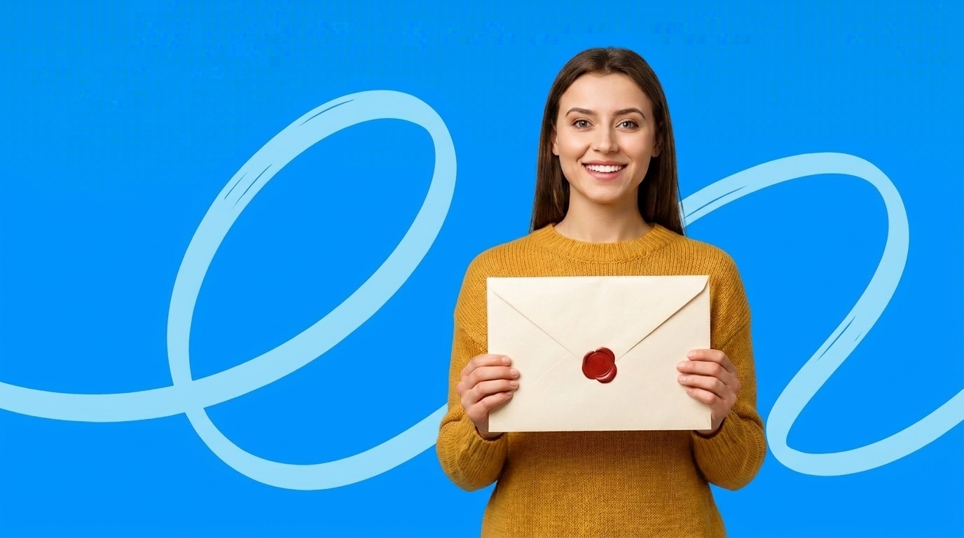 A smiling store owner holding up a cream envelope closed with an intact red wax seal, on a blue background