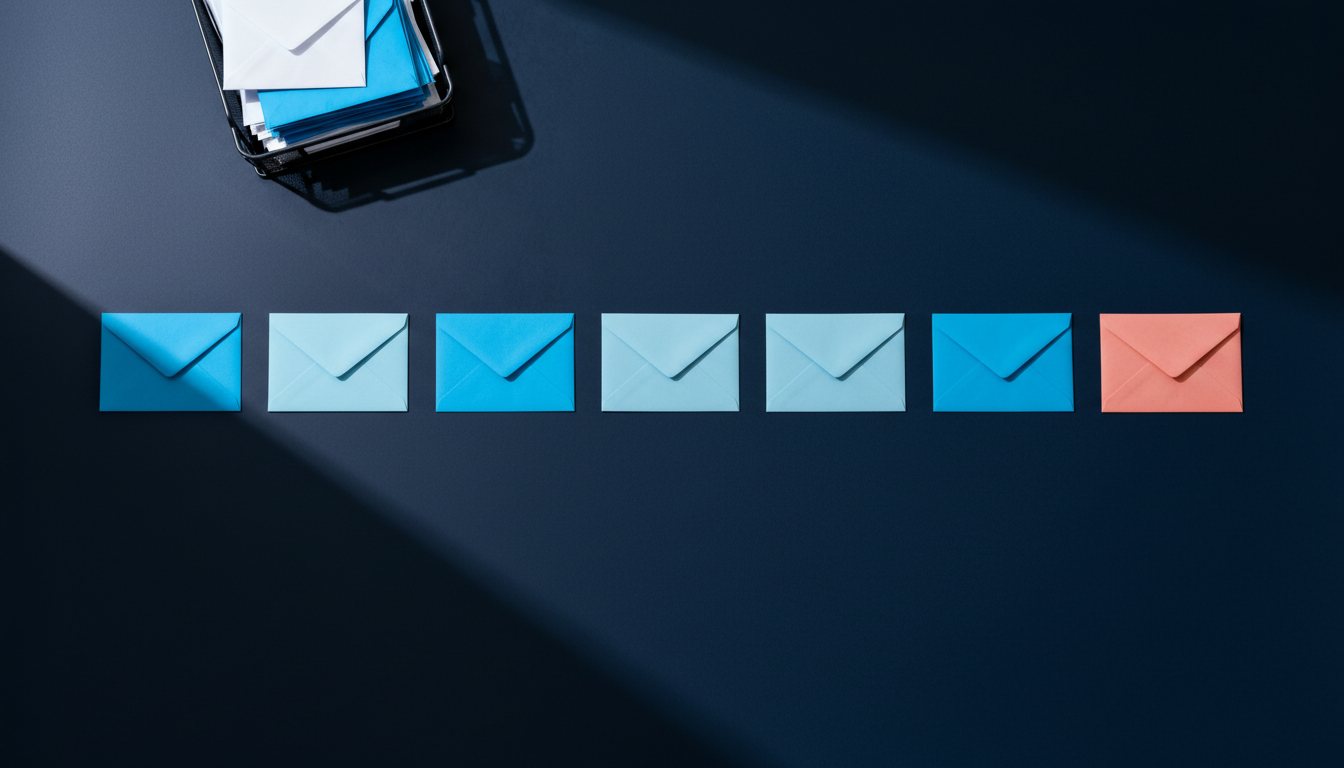 Blue envelopes laid out in a neat row on a navy desk, one step at a time, ending in a single coral envelope, like a holiday email plan set out in order