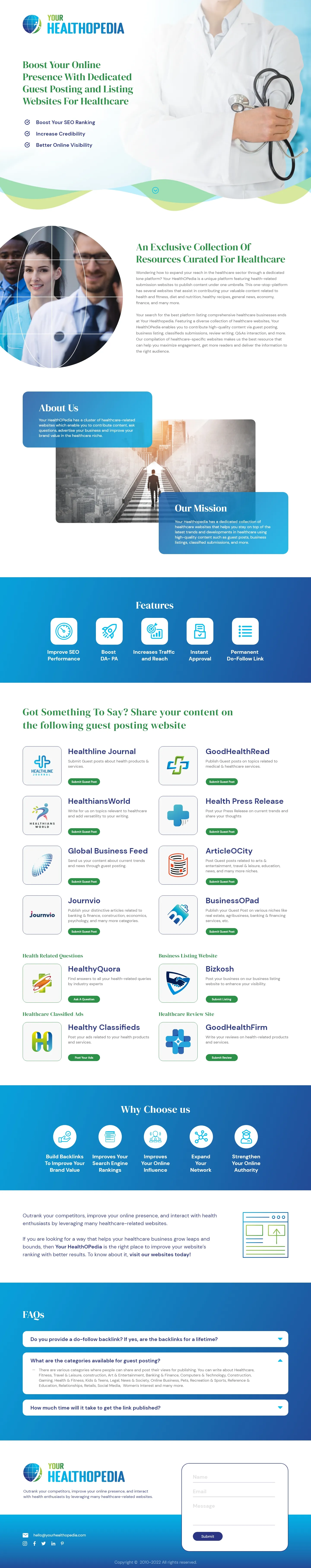 Website overview of Your Healthopedia, showing healthcare SEO services, resources, guest posting sites, and FAQs.