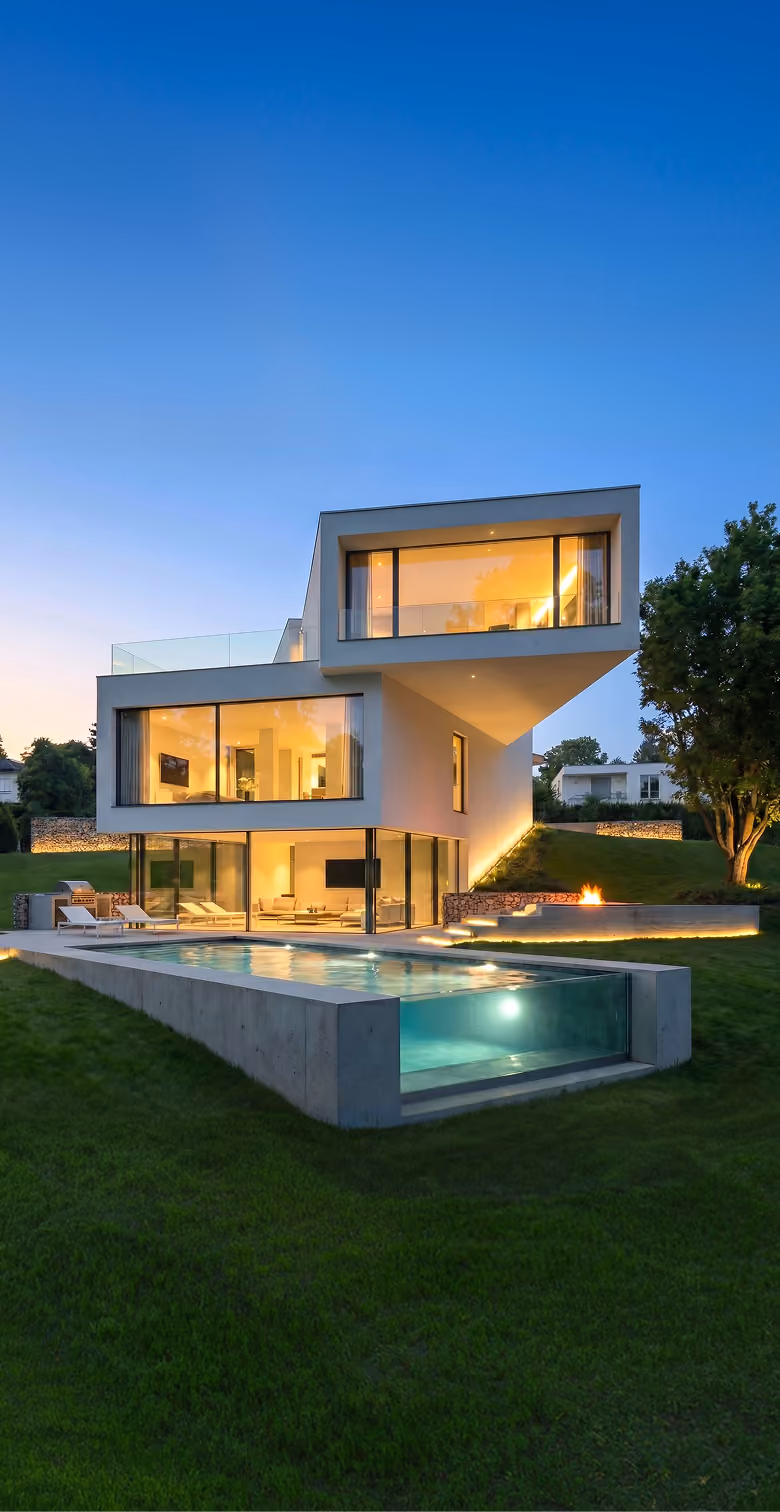 Modern Haus mit großen Fenstern, beleuchtetem Pool und gepflegtem Rasen bei Dämmerung.