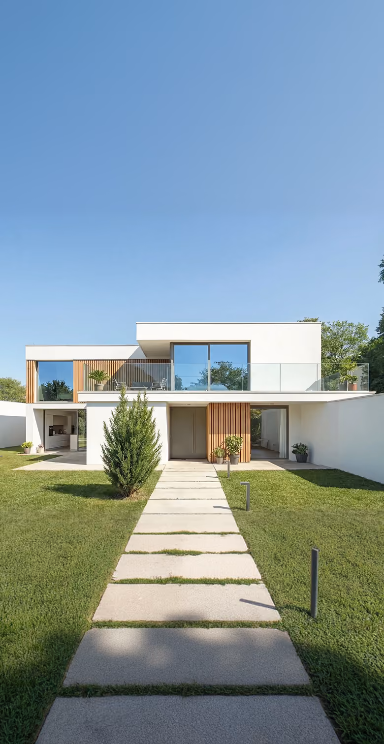Moderne weiße Villa mit Holzakzenten und großem Garten, klarer Himmel.