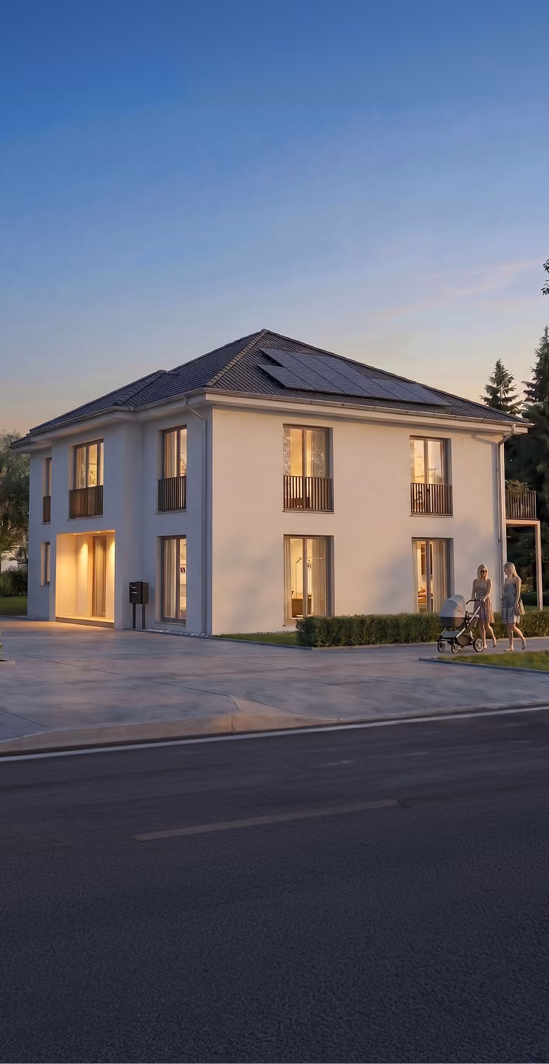 Modern zweistöckiges Haus mit Solarpaneelen auf dem Dach bei Sonnenuntergang, zwei Frauen mit Kinderwagen.