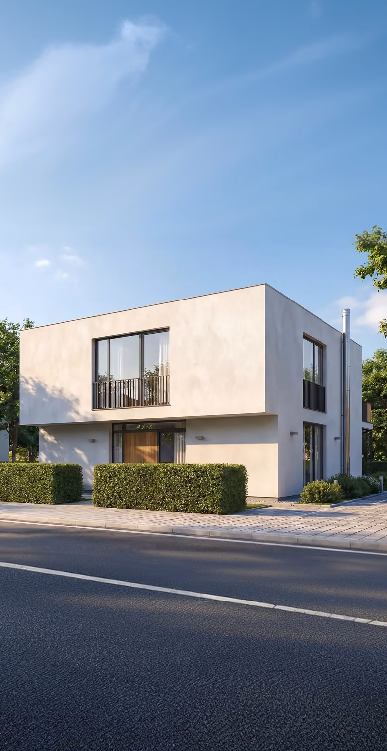 Modernes zweistöckiges Haus mit großen Fenstern, symmetrischem Garten und klarem Himmel.