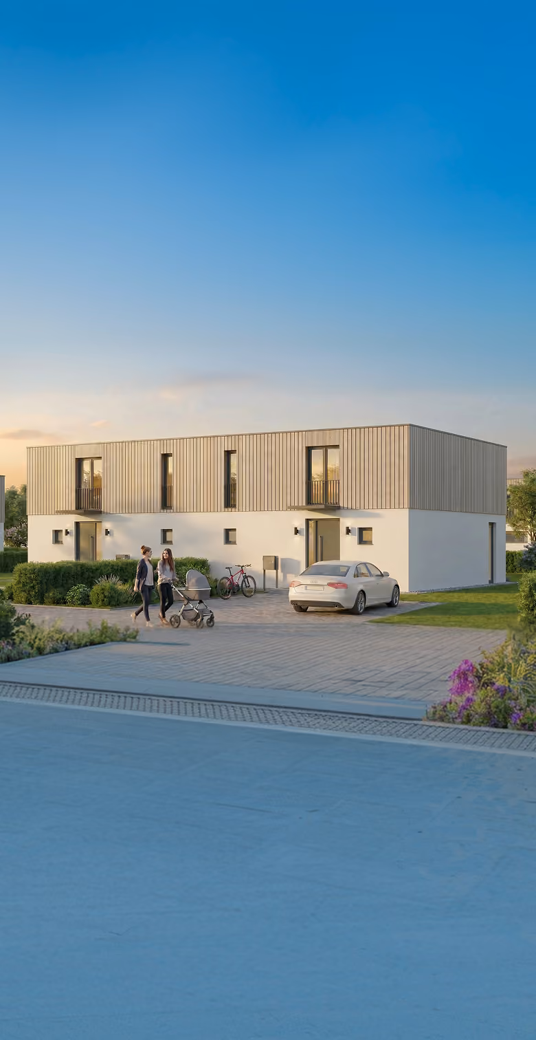 Modernes zweistöckiges Wohnhaus mit zwei Frauen und Kinderwagen draußen, Auto und Fahrräder davor.