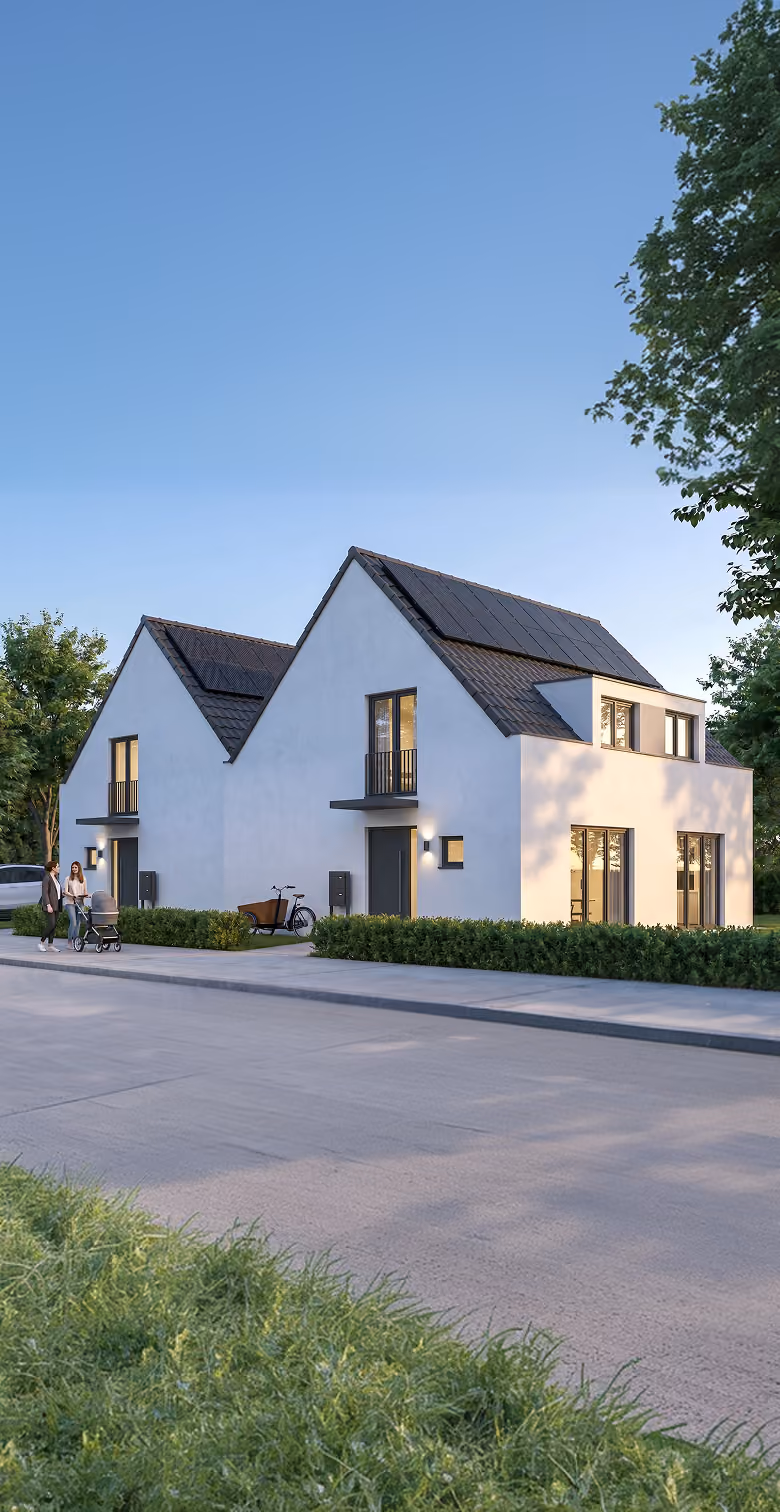 Modern Doppelhaushälfte mit Solarpanelen auf dem Dach und Garten, zwei Personen mit Kinderwagen davor.