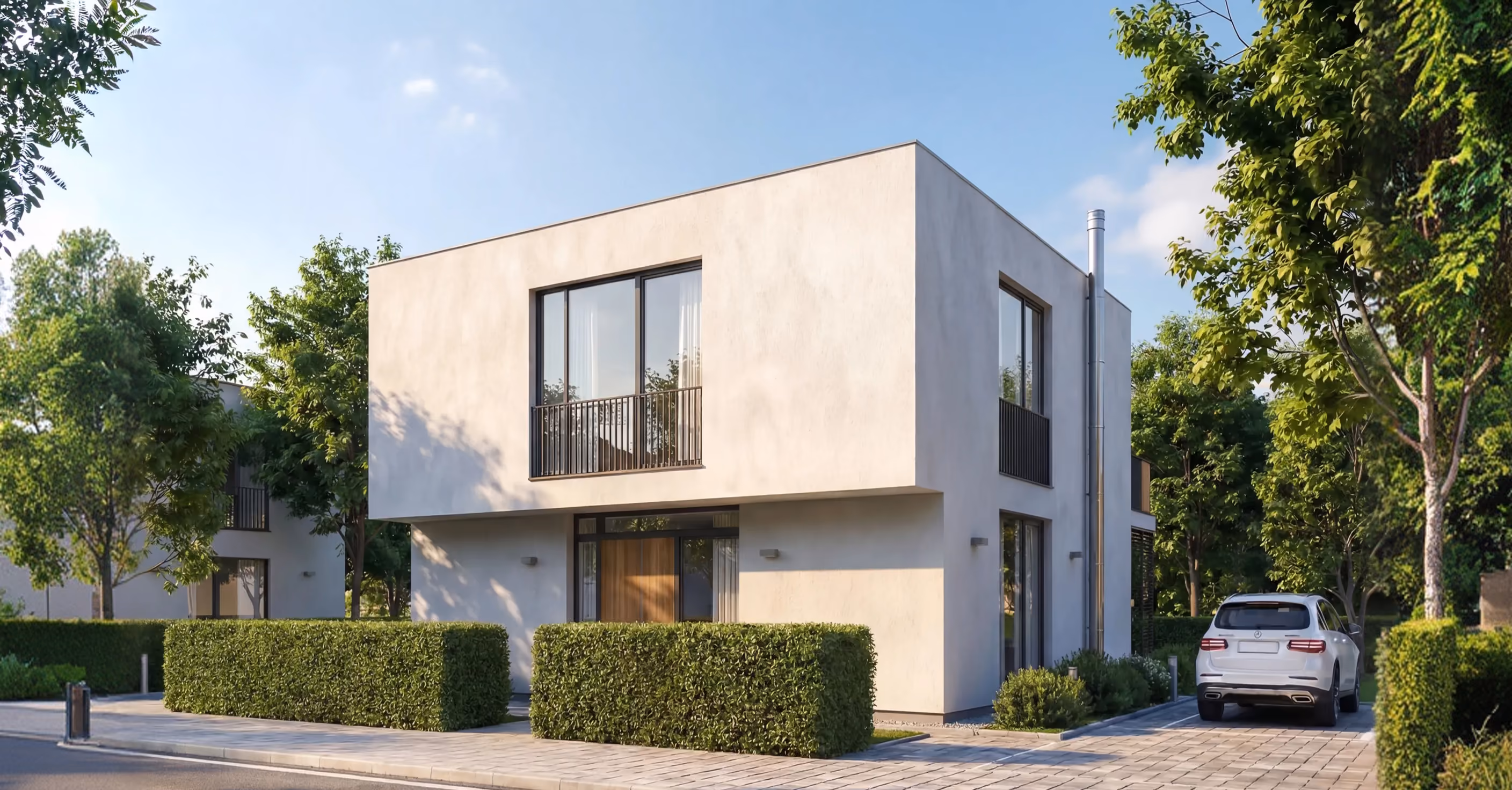 Modern zweistöckiges Haus mit weißen Wänden, großen Fenstern, grünen Hecken und einem geparkten weißen Auto.
